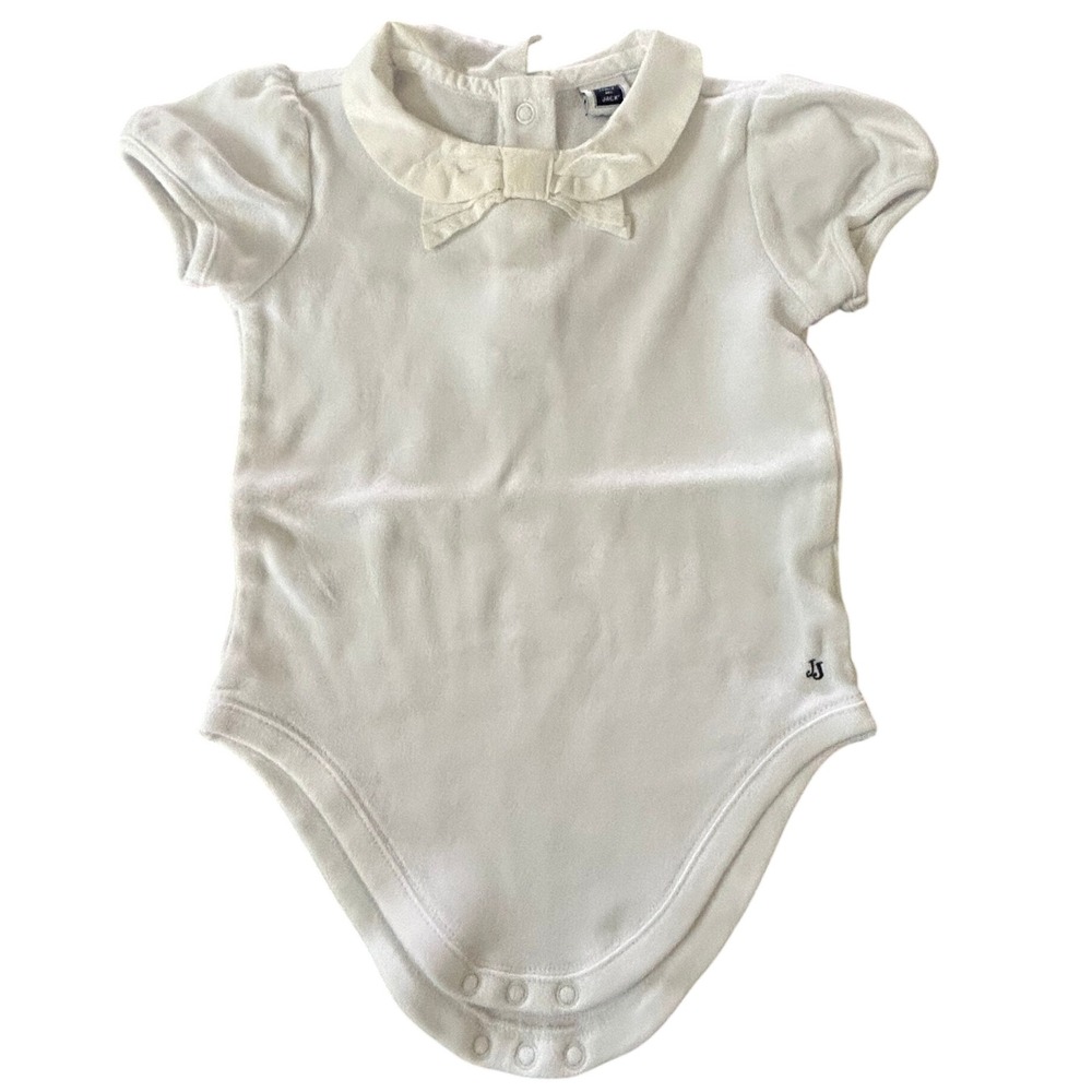 Janie and Jack Baby Girls White Velour Peter Pan Collar Bow Bodysuit 6-12M